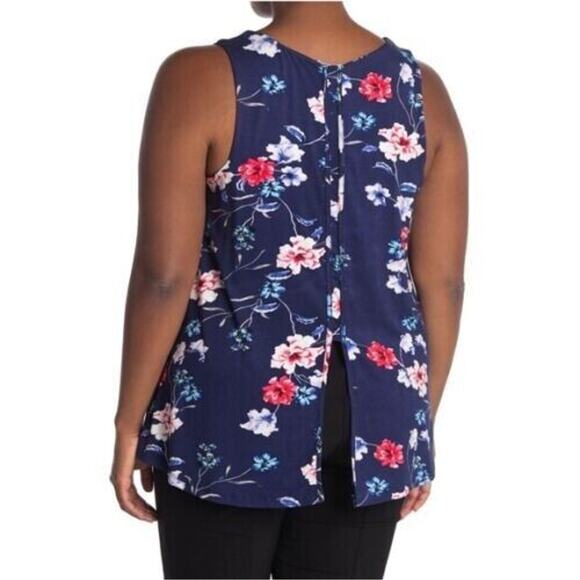 LEMON TART NEW $58 Floral Print Back Slit Lucy‎ Tank in Navy Large - Picture 2 of 2